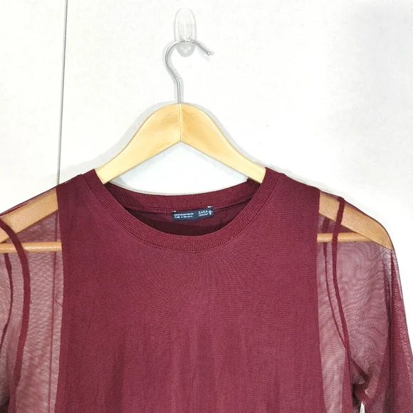 Zara Burgundy Red Top Size M Medium UK 14 16 Sheer Longline Mesh Side Slits - Picture 3 of 8